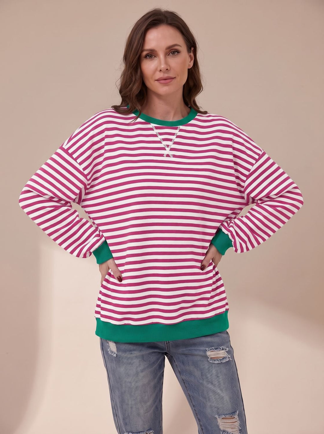 Women's Oversized Striped Crewneck Sweatshirt