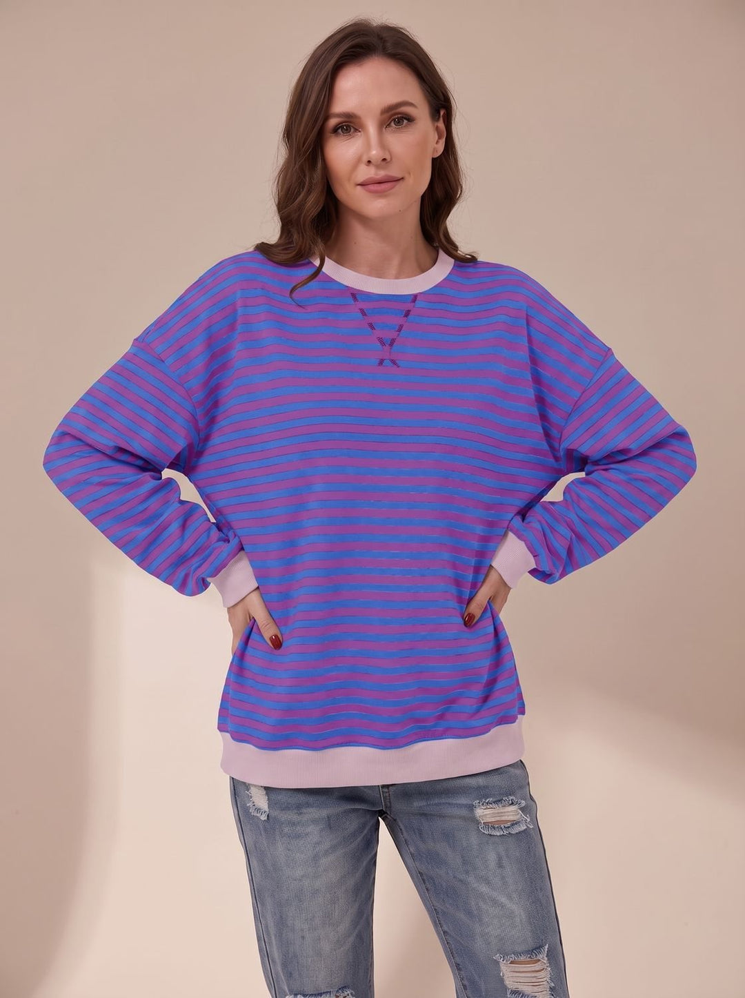 Women's Oversized Striped Crewneck Sweatshirt