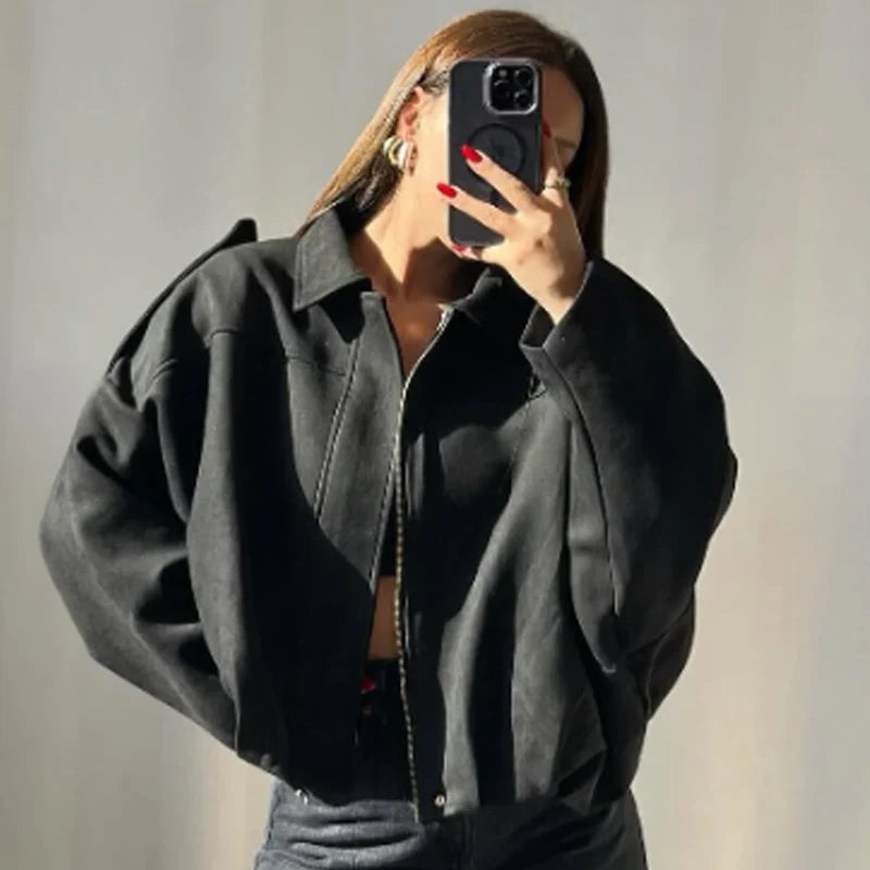 Women's Oversized Zip-Front Cropped Bomber Jacket