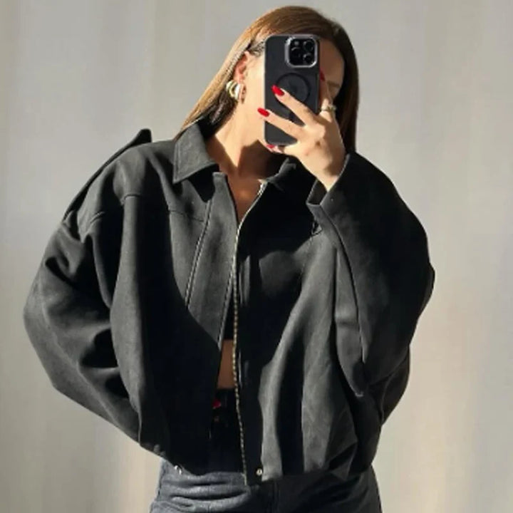 Women's Oversized Zip-Front Cropped Bomber Jacket