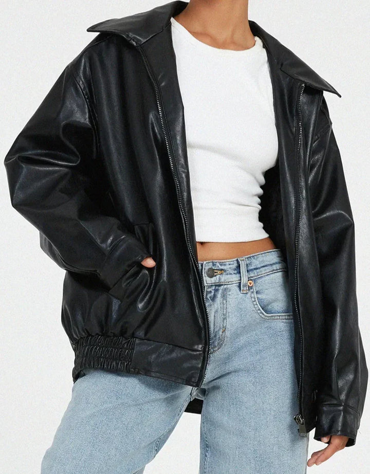 Women's Oversized Zip-Front Leather-Look Jacket