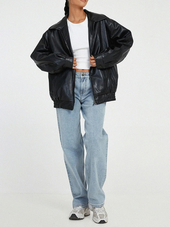 Women's Oversized Zip-Front Leather-Look Jacket