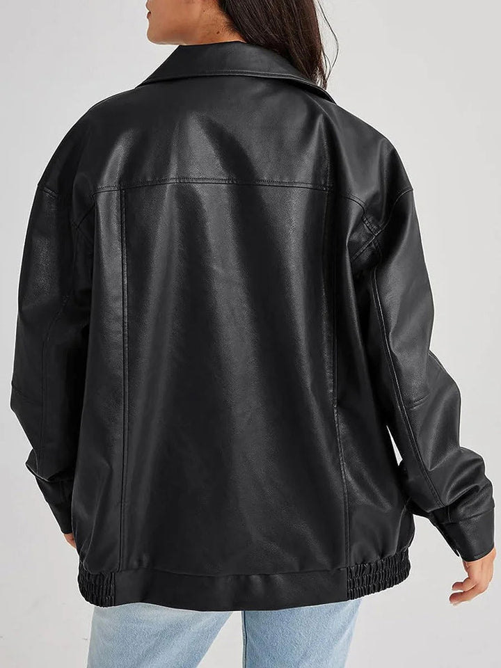 Women's Oversized Zip-Front Leather-Look Jacket