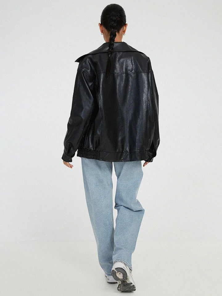 Women's Oversized Zip-Front Leather-Look Jacket