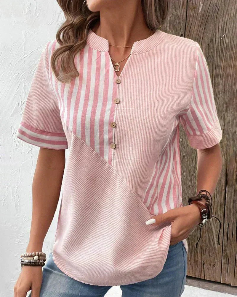 Women's Patchwork Stripe Button-Front Blouse