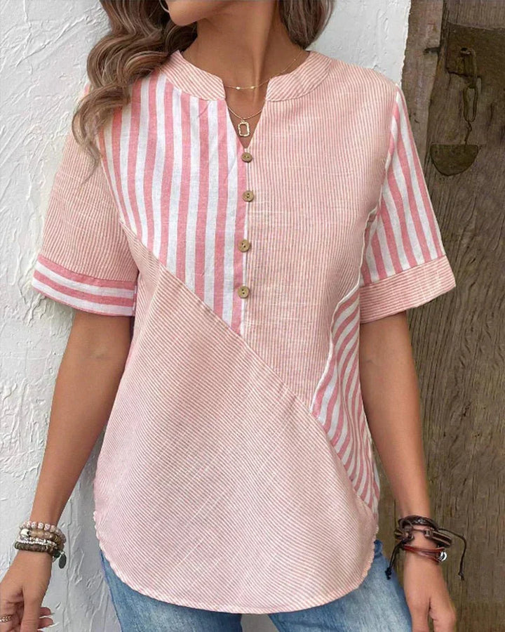Women's Patchwork Stripe Button-Front Blouse