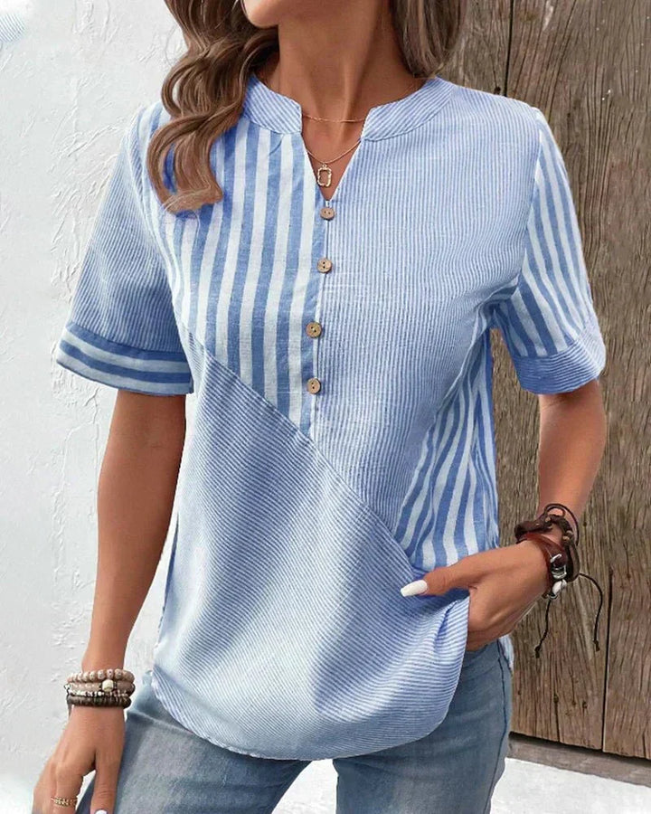 Women's Patchwork Stripe Button-Front Blouse
