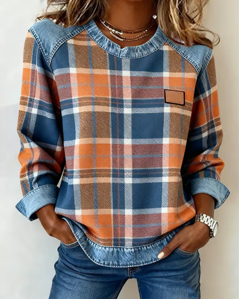 Women's Plaid Patchwork Denim-Trim Sweatshirt