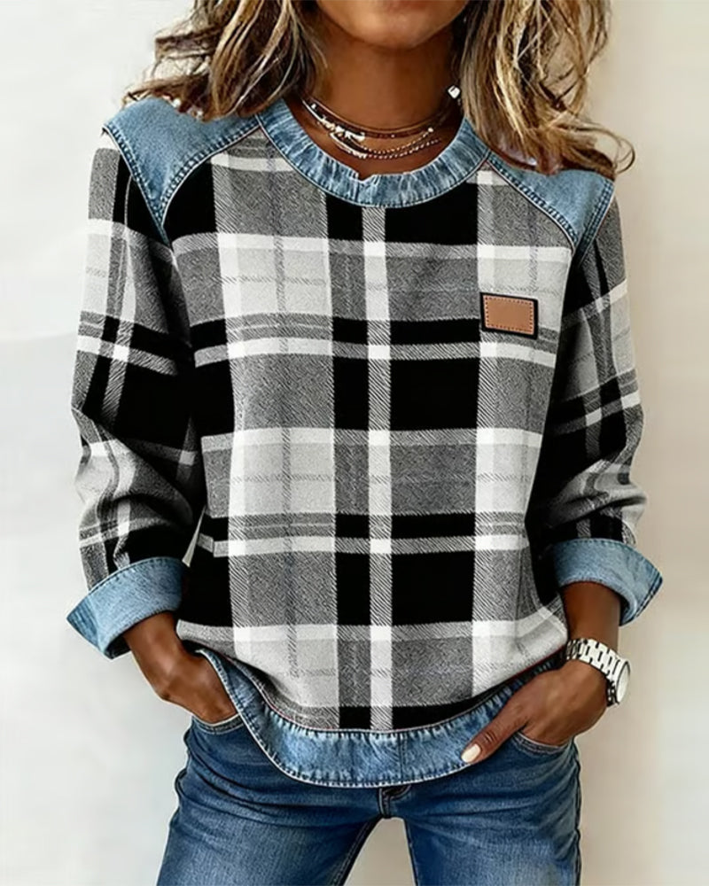 Women's Plaid Patchwork Denim-Trim Sweatshirt