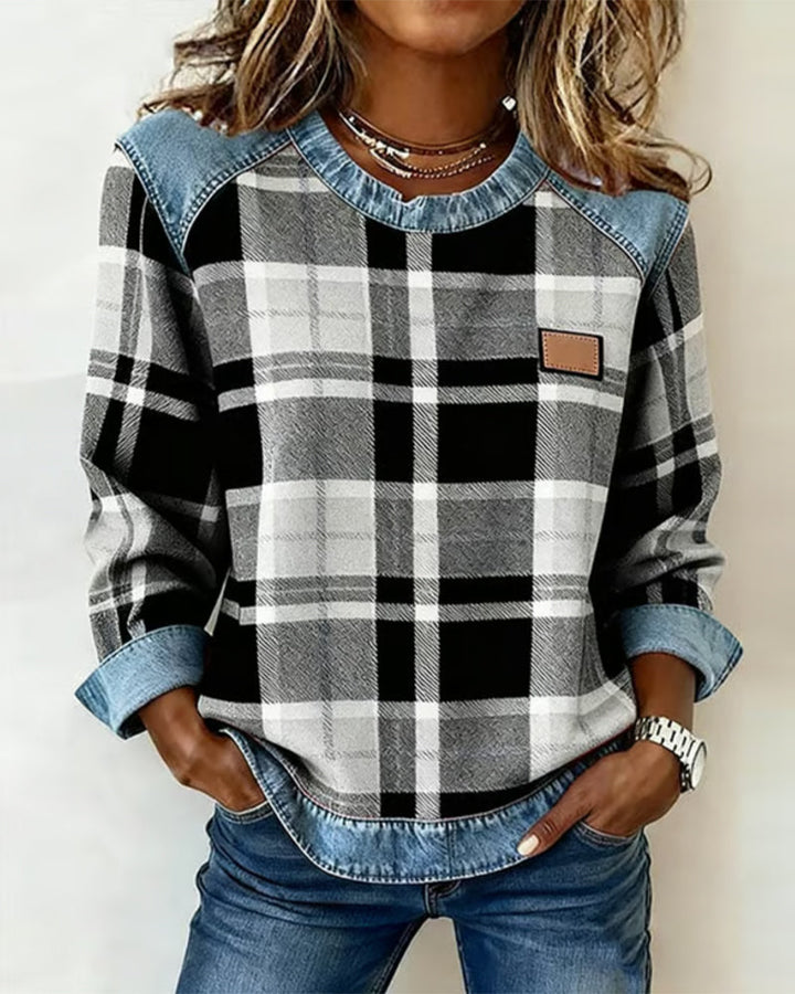 Women's Plaid Patchwork Denim-Trim Sweatshirt