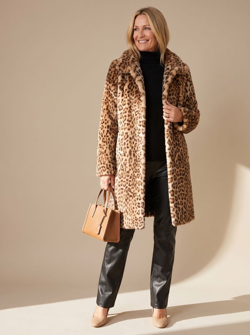 Women's Leopard Print Mid-Length Faux Fur Winter Coat