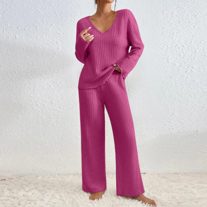 Women's Ribbed Knit V-Neck Two-Piece Lounge Set