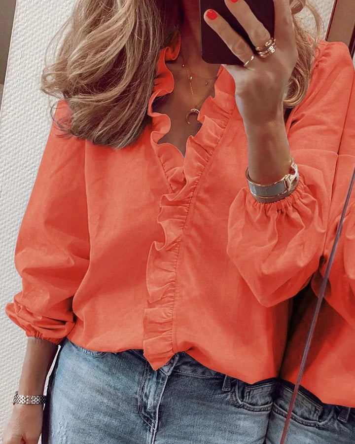 Women's Ruffled V-Neck Long-Sleeve Blouse