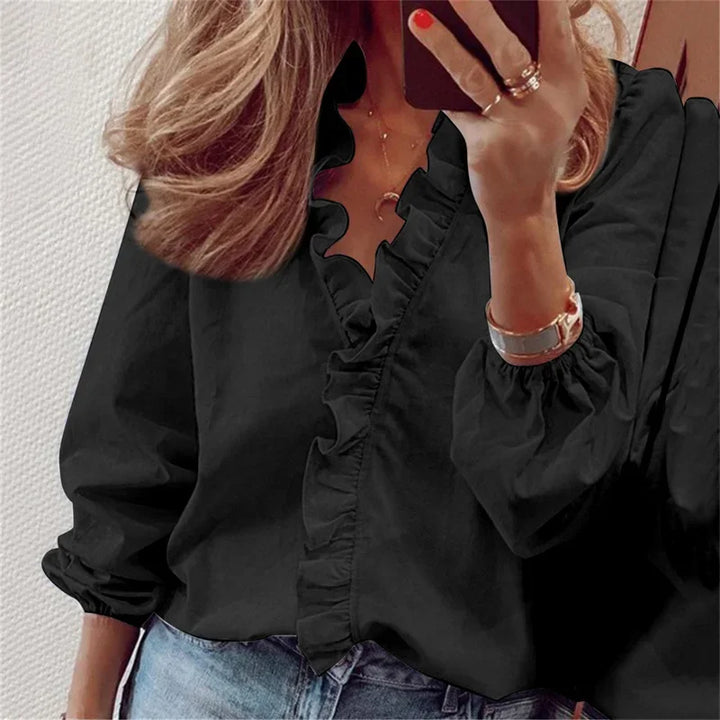 Women's Ruffled V-Neck Long-Sleeve Blouse