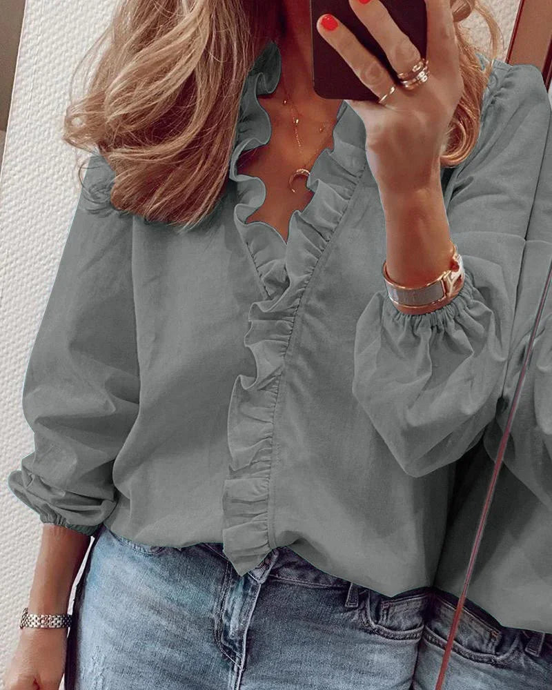 Women's Ruffled V-Neck Long-Sleeve Blouse