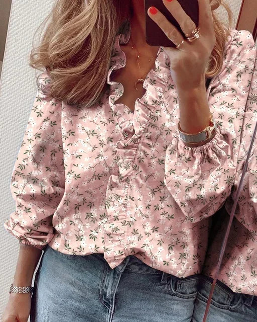 Women's Ruffled V-Neck Long-Sleeve Blouse