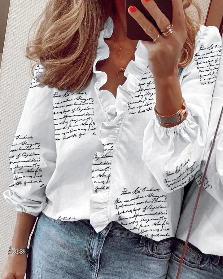 Women's Ruffled V-Neck Long-Sleeve Blouse