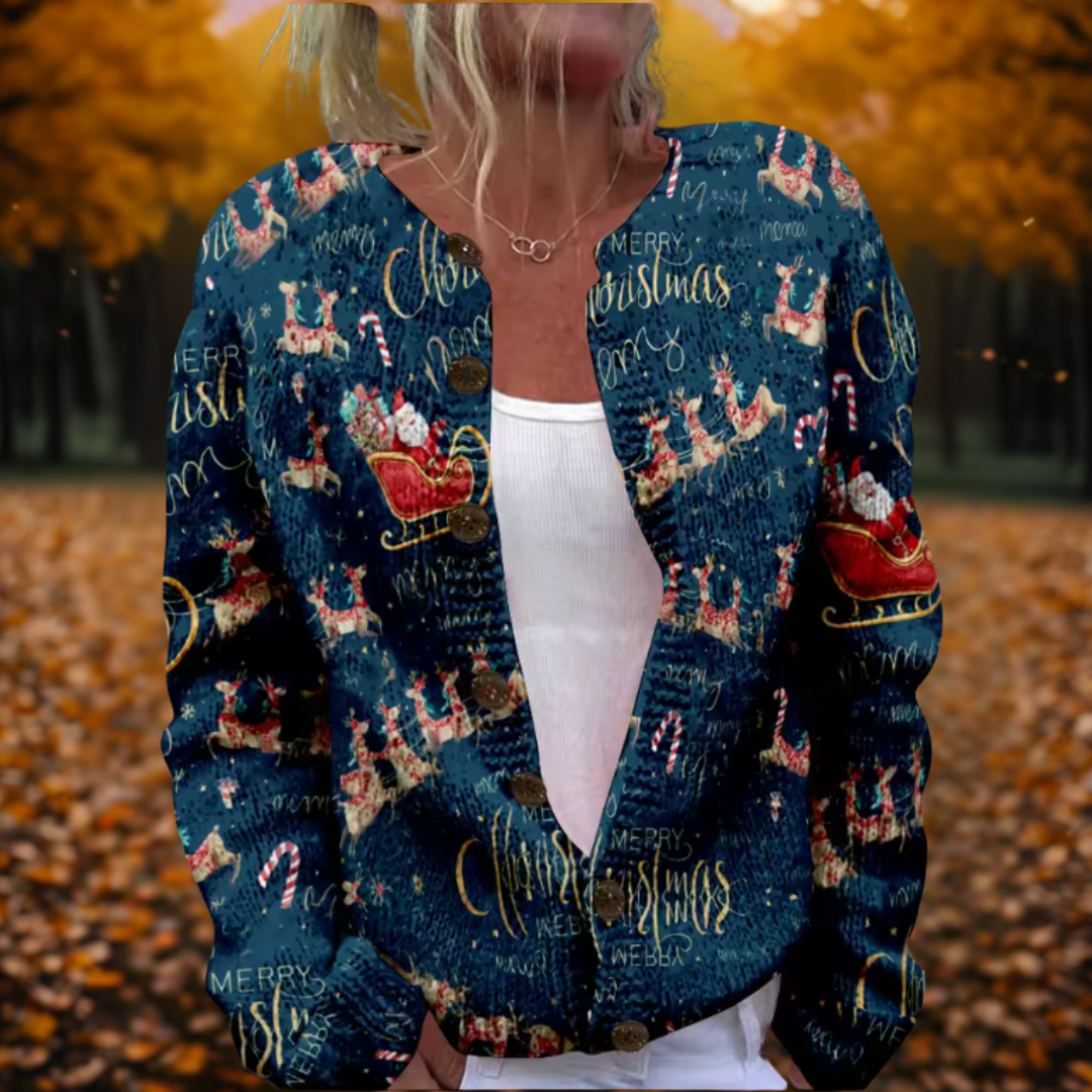 Women's Christmas Cardigan Santa Sleigh Print Open Front