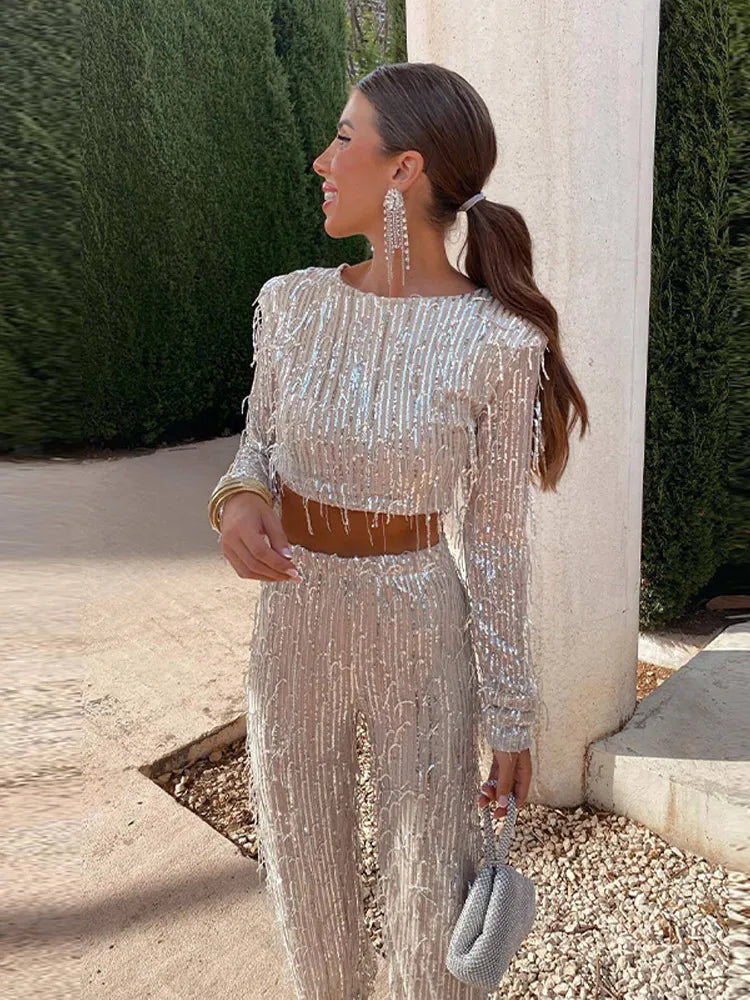 Women's Sequin Crop Top and Straight-Leg Trousers Set