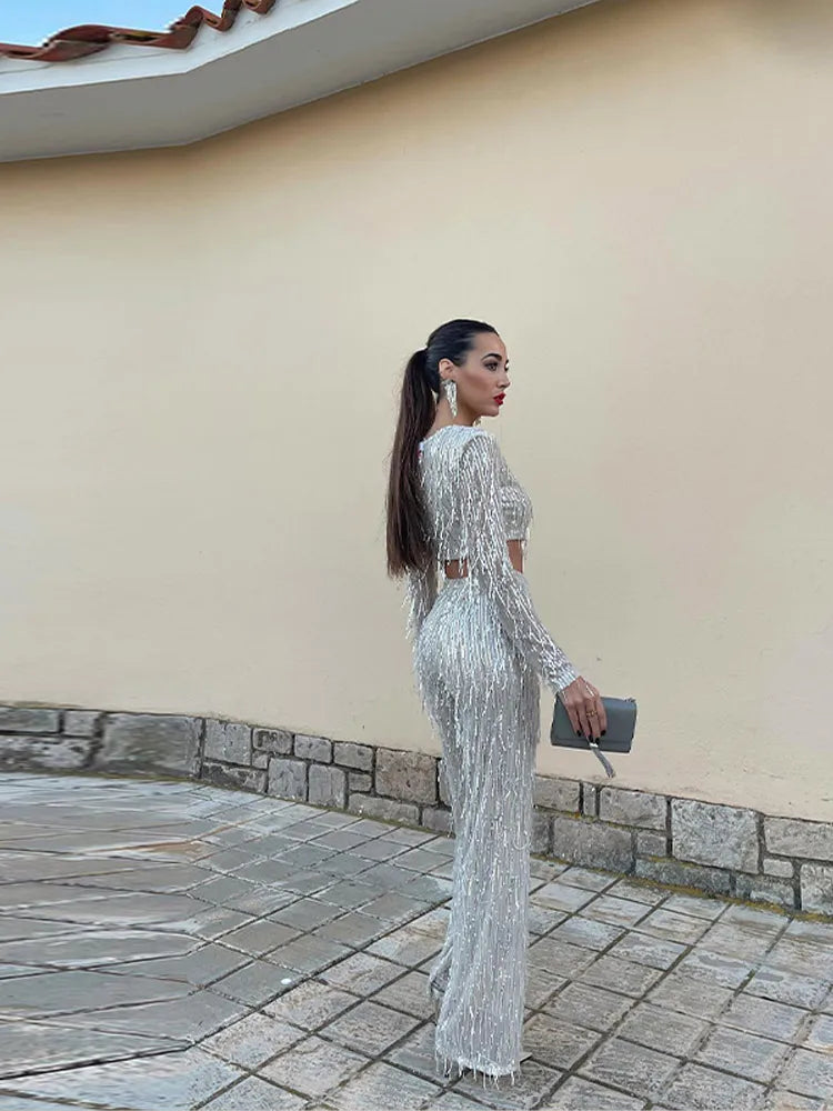 Women's Sequin Crop Top and Straight-Leg Trousers Set
