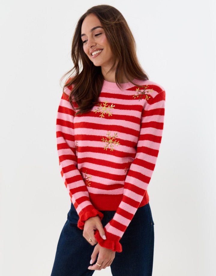 Women's Christmas Jumper Sequin Snowflake Stripe Frill Cuff