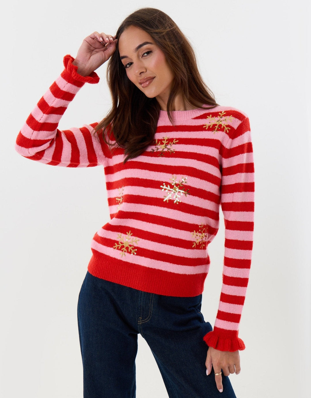 Women's Christmas Jumper Sequin Snowflake Stripe Frill Cuff