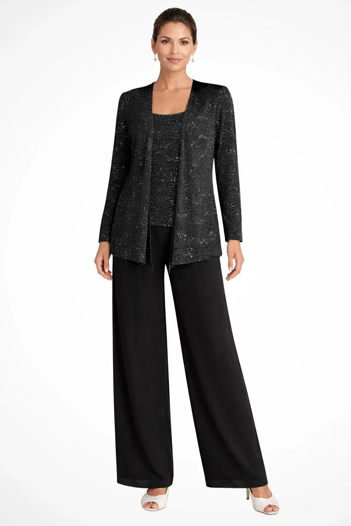 Women's Sequin Three-Piece Set with Wide-Leg Trousers