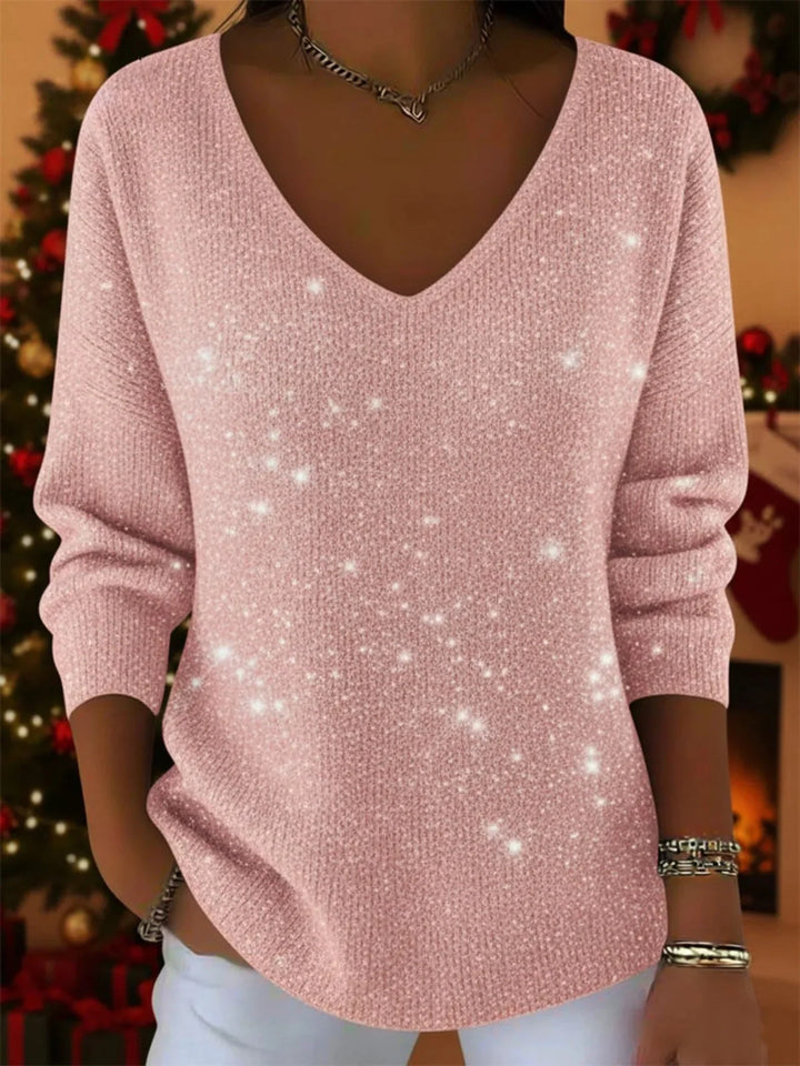 Women's Christmas Jumper Sequin Sparkle V-Neck Oversized