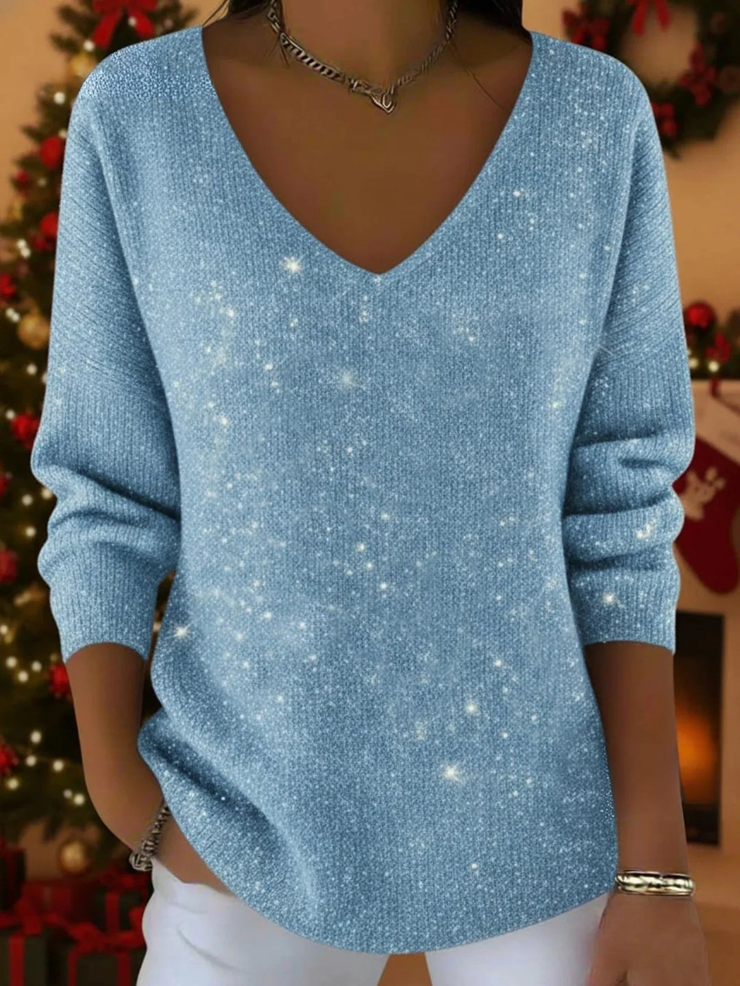 Women's Christmas Jumper Sequin Sparkle V-Neck Oversized