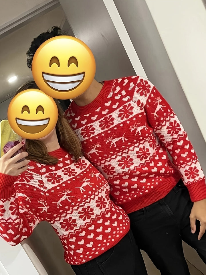 Women's Christmas Jumper Fair Isle Snowflake Reindeer in Red