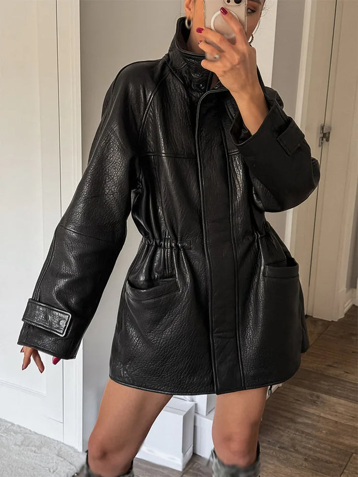 Women's Stand Collar Leather-Look Jacket