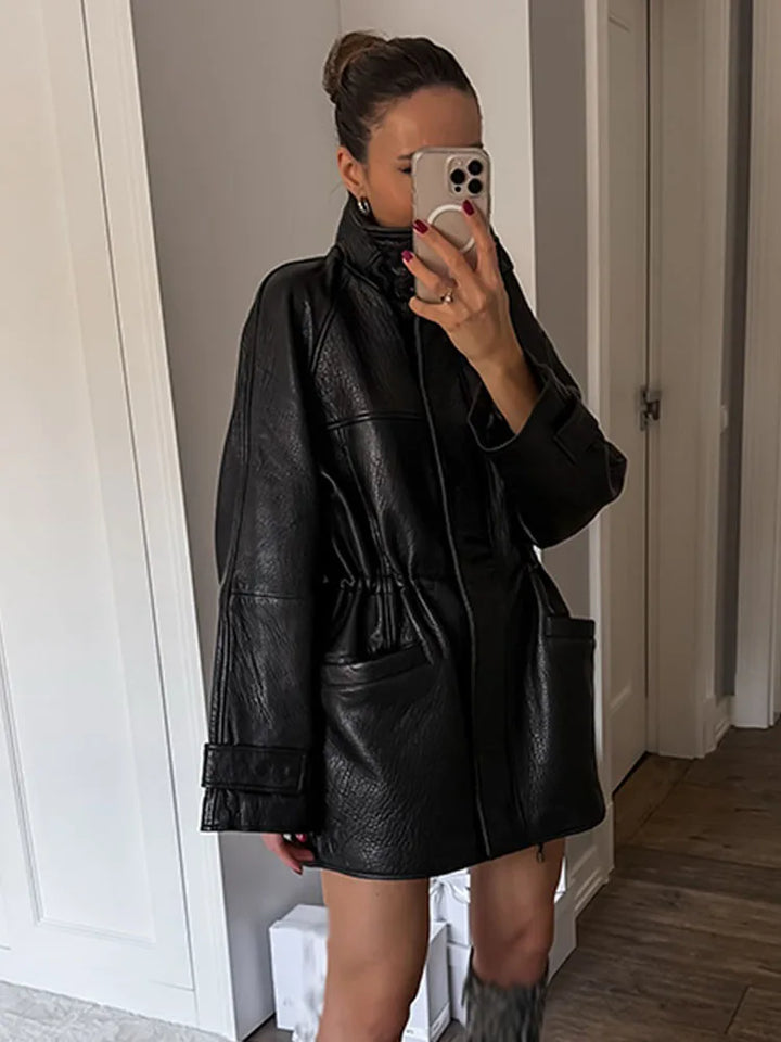 Women's Stand Collar Leather-Look Jacket