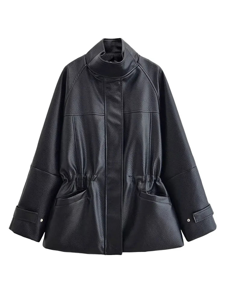 Women's Stand Collar Leather-Look Jacket