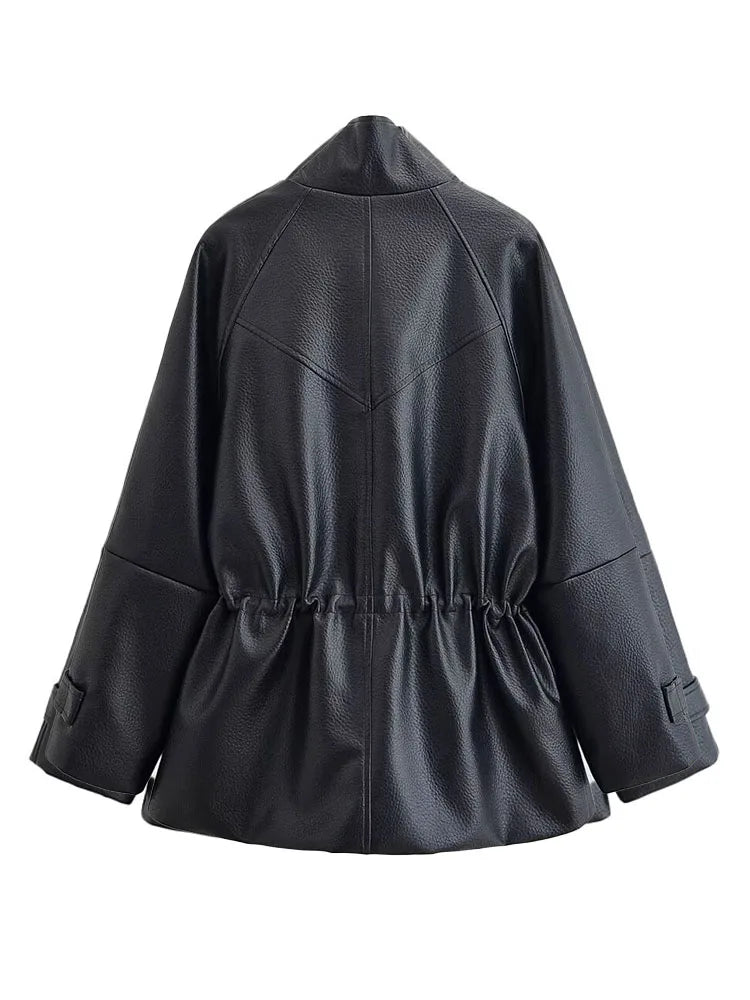 Women's Stand Collar Leather-Look Jacket