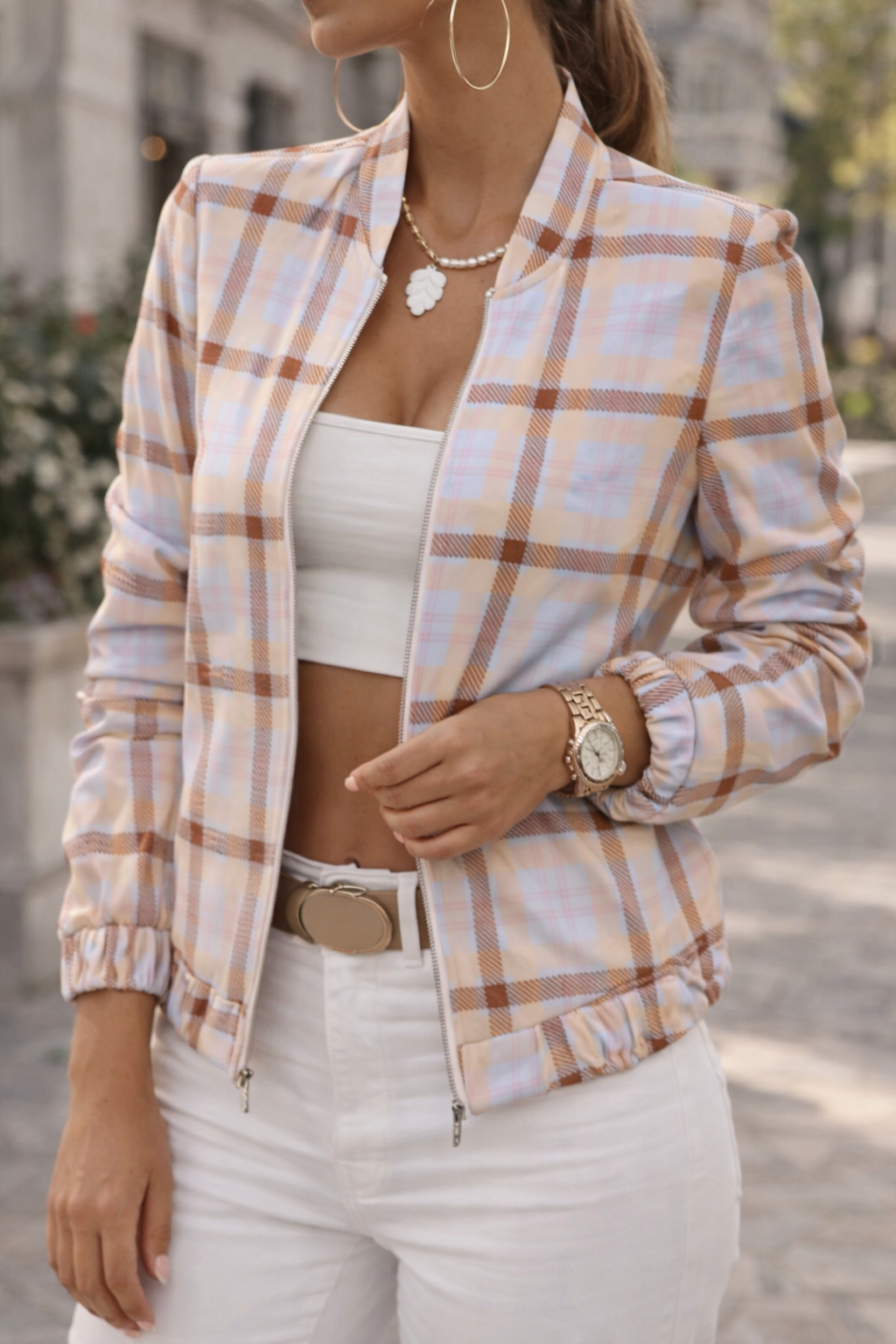 Women's Stand Collar Zip-Front Bomber Jacket