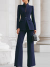 Women's Standing Collar Blazer and Wide-Leg Trousers Set