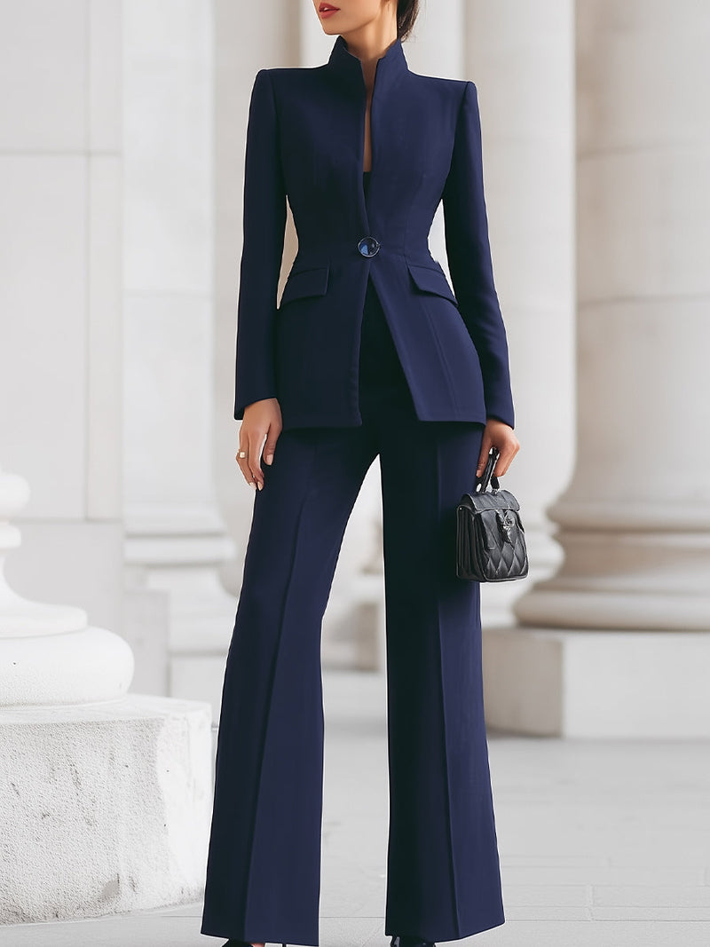 Women's Standing Collar Blazer and Wide-Leg Trousers Set