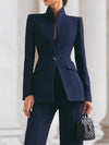Women's Standing Collar Blazer and Wide-Leg Trousers Set