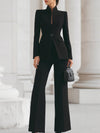 Women's Standing Collar Blazer and Wide-Leg Trousers Set