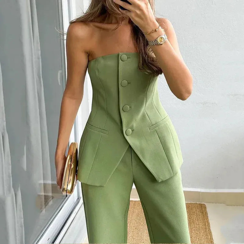 Women's Strapless Button-Front Two-Piece Set