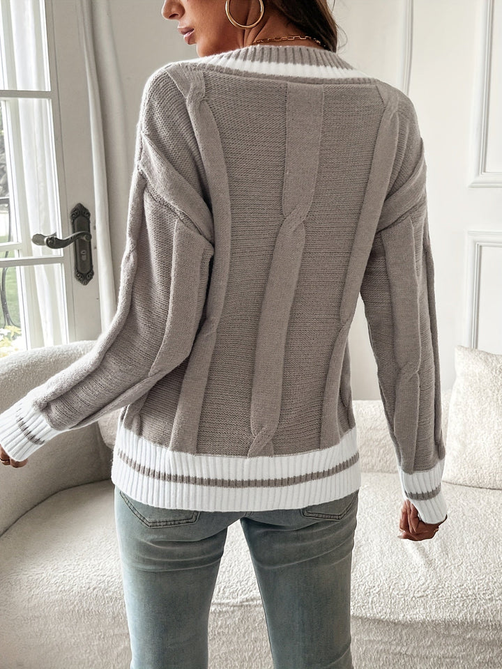 Women's Striped Cable Knit V-Neck Jumper