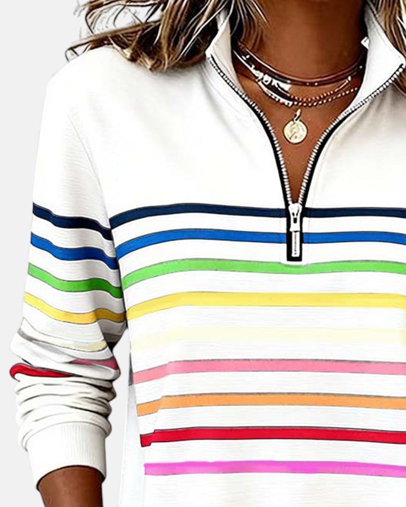 Women's Striped Long-Sleeve Quarter-Zip Sweatshirt