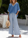 Women's Striped V-Neck Wide-Leg Two-Piece Set