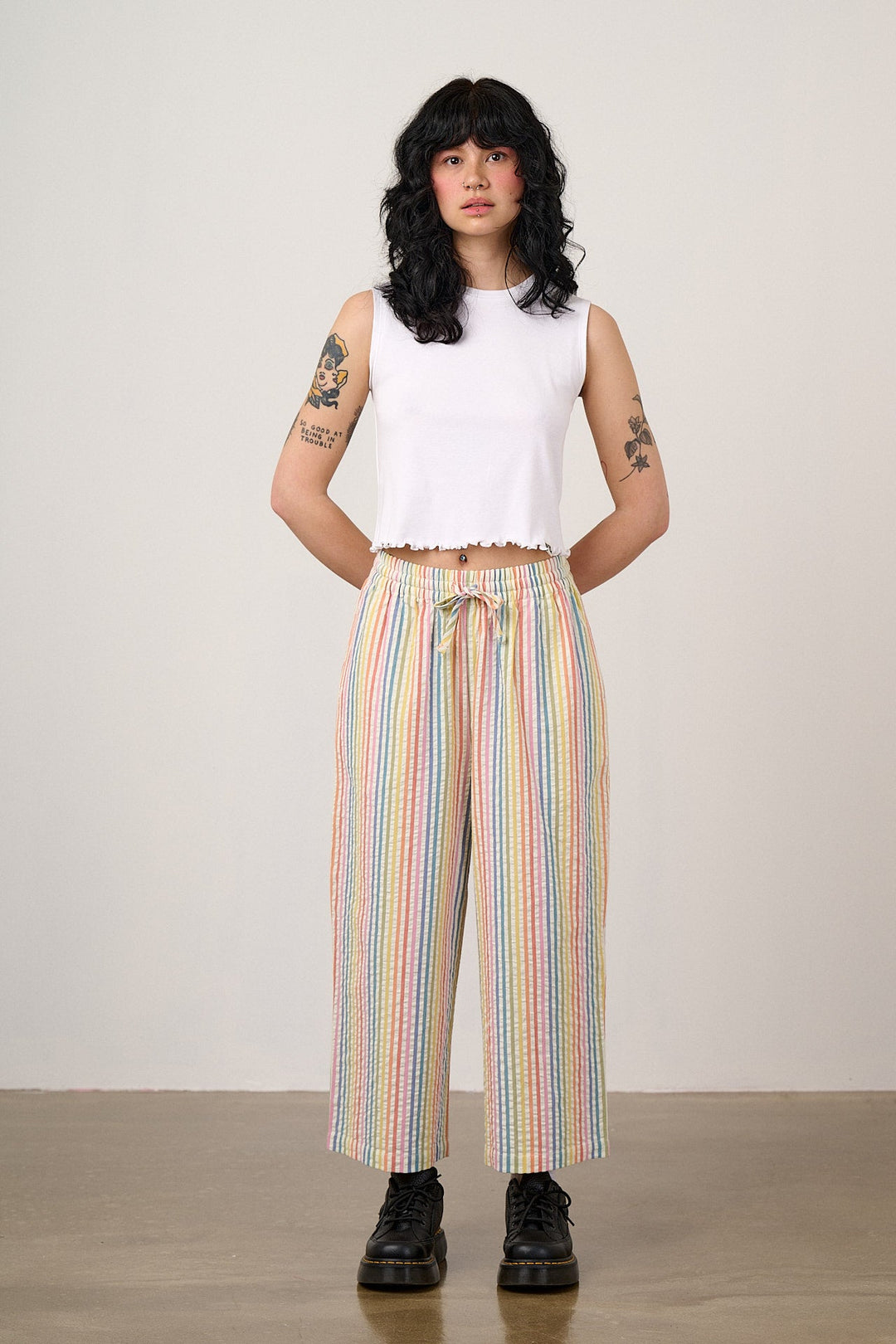 Women's Striped Wide-Leg Cropped Trousers