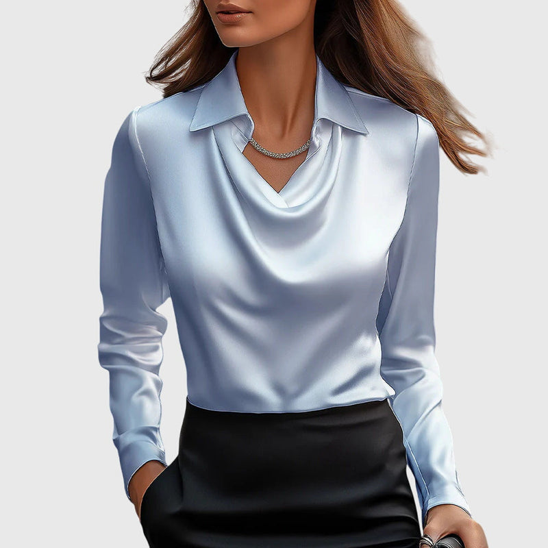 Women's Cowl Neck Long-Sleeve Collared Office Blouse