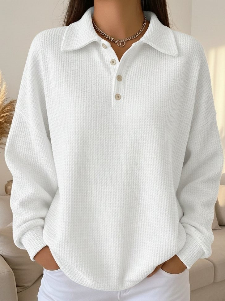 Women's Textured Knit Polo Collar Sweater with Button Placket