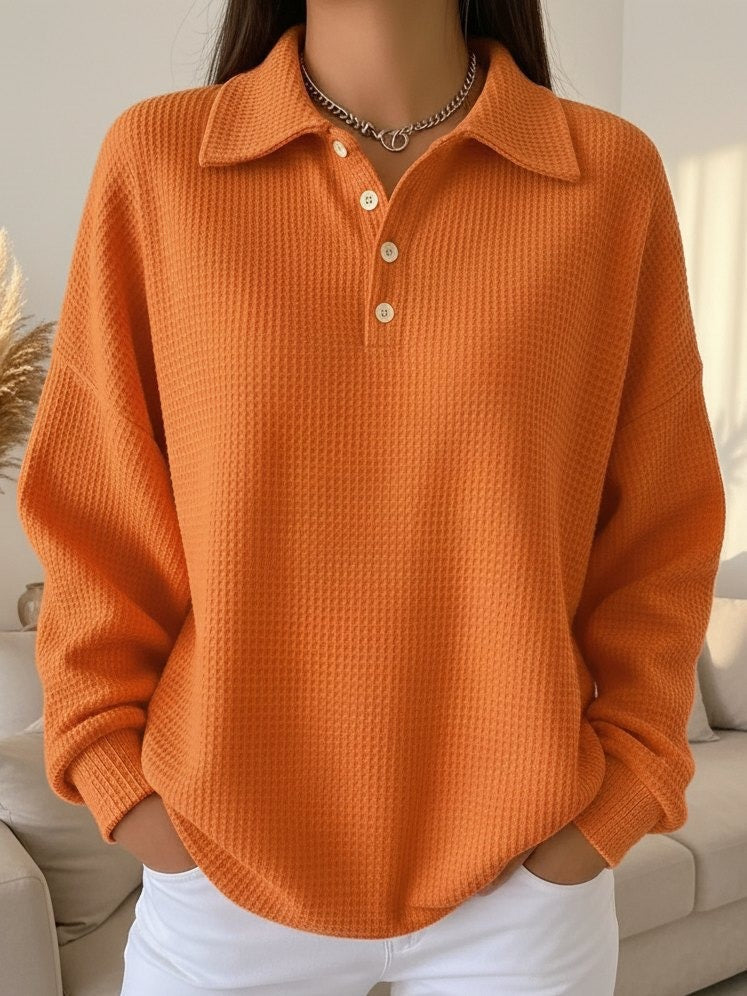 Women's Textured Knit Polo Collar Sweater with Button Placket