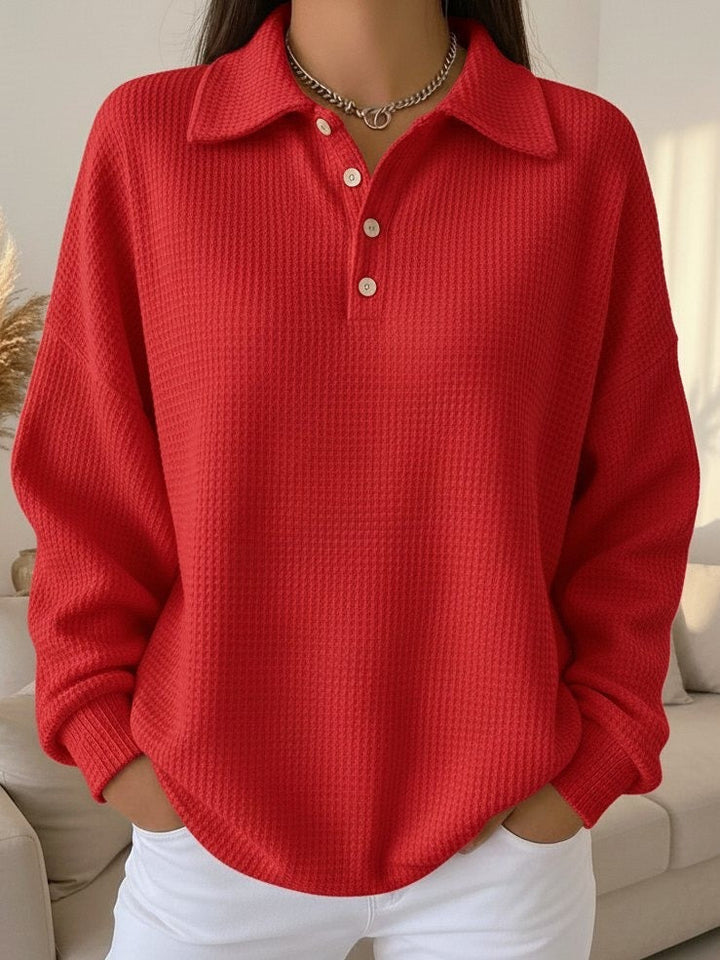Women's Textured Knit Polo Collar Sweater with Button Placket