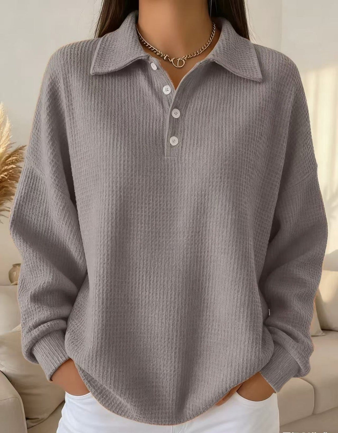 Women's Textured Knit Polo Collar Sweater with Button Placket