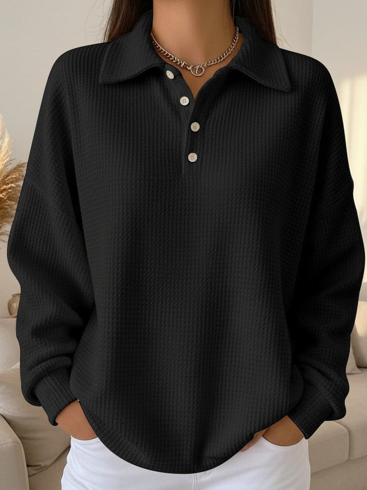 Women's Textured Knit Polo Collar Sweater with Button Placket
